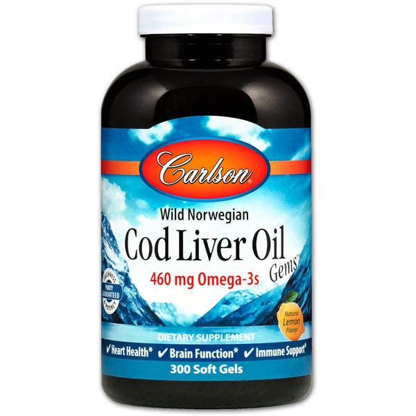 Carlson Labs, Wild Norwegian Cod Liver Oil Gems, Natural Lemon Flavor, 300 Soft Gels - The Supplement Shop