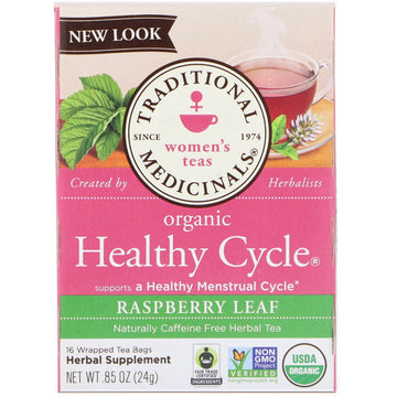 Traditional Medicinals, Women's Teas, Organic Healthy Cycle, Raspberry Leaf, Caffeine Free Herbal Tea, 16 Wrapped Tea Bags, .85 oz (24 g)