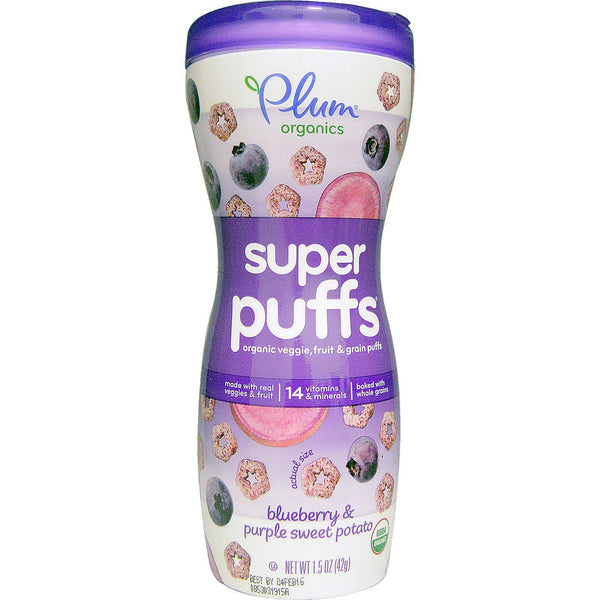 Plum Organics, Super Puffs, Organic Veggie, Fruit & Grain Puffs, Blueberry & Purple Sweet Potato, 1.5 oz (42 g) - The Supplement Shop