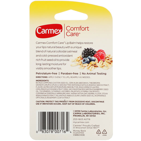 Carmex, Comfort Care, Colloidal Oatmeal Lip Balm, Mixed Berry, .15 oz (4.25 g) - The Supplement Shop