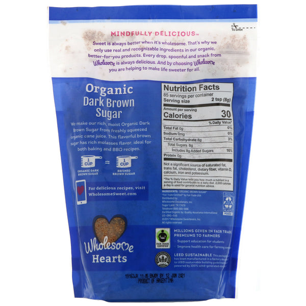 Wholesome , Organic Dark Brown Sugar, 1.5 lbs (24 oz.) - 680 g - The Supplement Shop