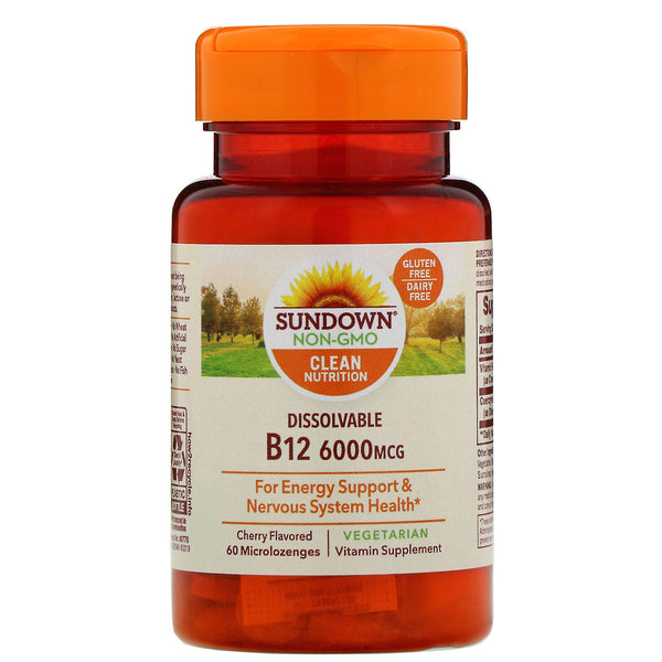 Sundown Naturals, Dissolvable B12, Cherry Flavored, 6,000 mcg, 60 Microlozenges - The Supplement Shop
