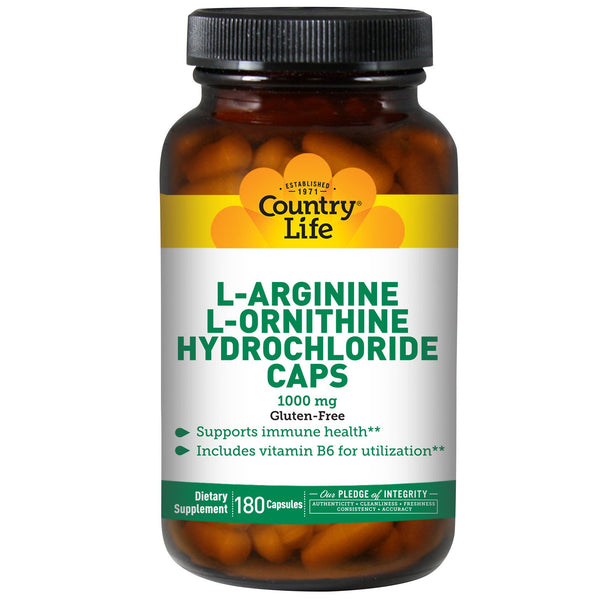 Country Life, L-Arginine & L-Ornithine Hydrochloride Caps, 1,000 mg, 180 Capsules - The Supplement Shop