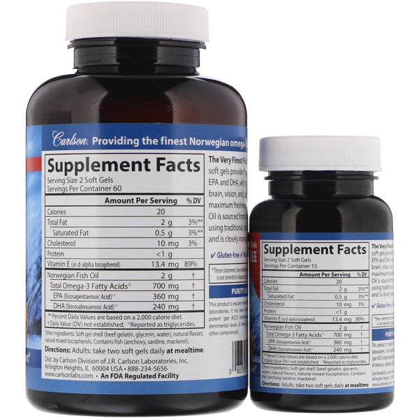 Carlson Labs, The Very Finest Fish Oil, Natural Orange Flavor, 700 mg, 120 + 30 Free Soft Gels - The Supplement Shop