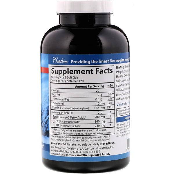 Carlson Labs, The Very Finest Fish Oil, Natural Lemon Flavor, 700 mg, 240 Soft Gels - The Supplement Shop