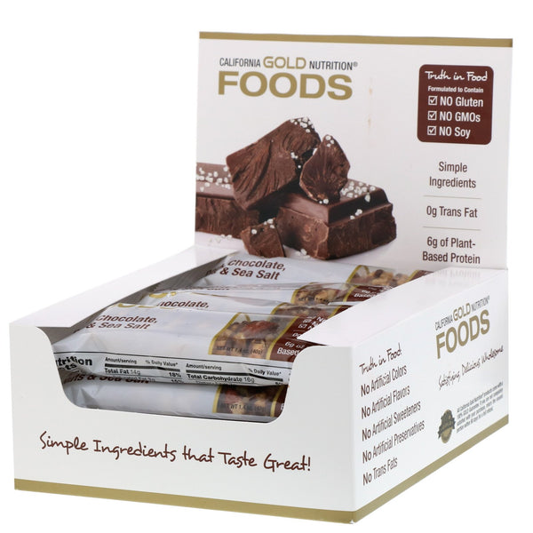 California Gold Nutrition, Foods, Dark Chocolate Nuts & Sea Salt Bars, 12 Bars, 1.4 oz (40 g) Each - The Supplement Shop