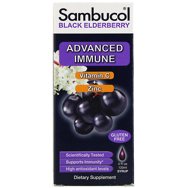Sambucol, Black Elderberry Syrup, Advanced Immune, Vitamin C + Zinc, Natural Berry, 4 fl oz (120 ml) - The Supplement Shop