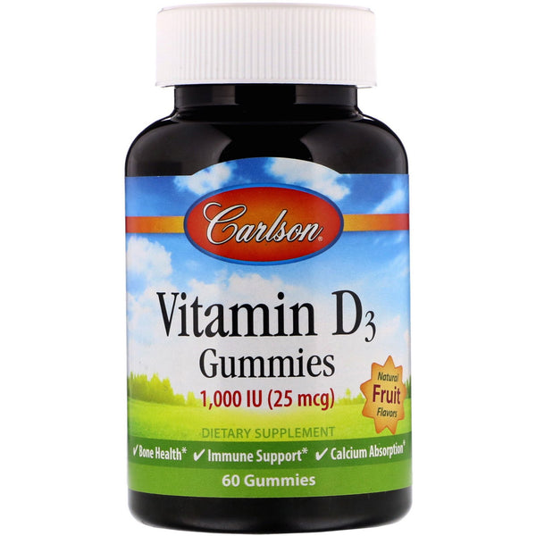 Carlson Labs, Vitamin D3 Gummies, Natural Fruit Flavors, 25 mcg (1,000 IU), 60 Gummies - The Supplement Shop