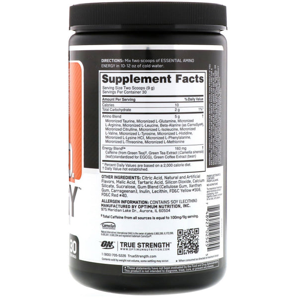 Optimum Nutrition, ESSENTIAL AMIN.O. ENERGY, Orange Cooler, 9.5 oz (270 g) - The Supplement Shop