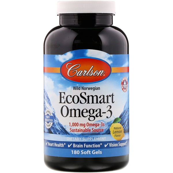 Carlson Labs, EcoSmart Omega-3, Natural Lemon Flavor, 1,000 mg, 180 Soft Gels - The Supplement Shop