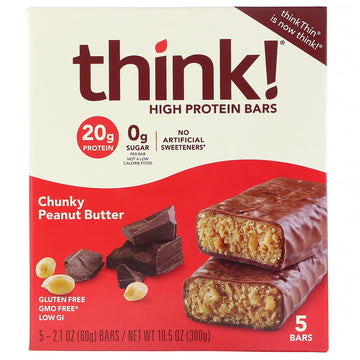 ThinkThin, High Protein Bars, Chunky Peanut Butter, 5 Bars, 2.1 oz (60 g) Each