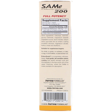 Jarrow Formulas, Natural SAM-e (S-Adenosyl-L-Methionine) 200, 200 mg, 20 Enteric-Coated Tablets