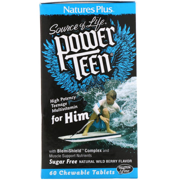 Nature's Plus, Source of Life, Power Teen, For Him, Sugar Free, Natural Wild Berry Flavor, 60 Chewable Tablets
