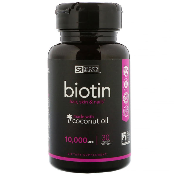 Sports Research, Biotin with Coconut Oil, 10,000 mcg, 30 Veggie Softgels - The Supplement Shop