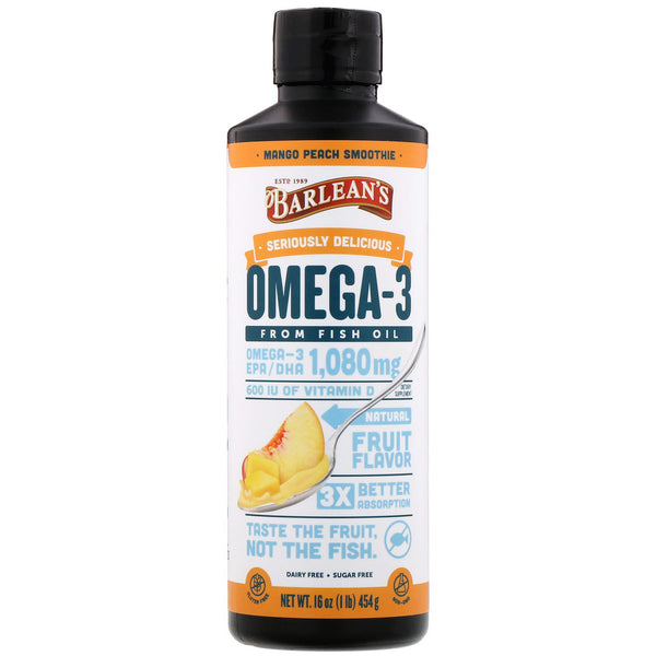 Barlean's, Seriously Delicious, Omega-3 Fish Oil, Mango Peach Smoothie, 16 oz (454 g) - The Supplement Shop