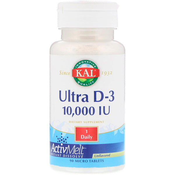 KAL, Ultra D-3, Unflavored, 10,000 IU, 90 Micro Tablets - The Supplement Shop