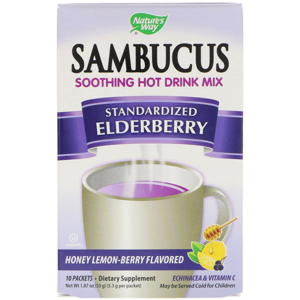 Nature's Way, Sambucus, Soothing Hot Drink Mix, Standardized Elderberry, Honey Lemon-Berry Flavored, 10 Packets, 1.87 oz (53 g) - The Supplement Shop