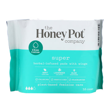 The Honey Pot Company, Herbal-Infused Pads with Wings, Super, 16 Count