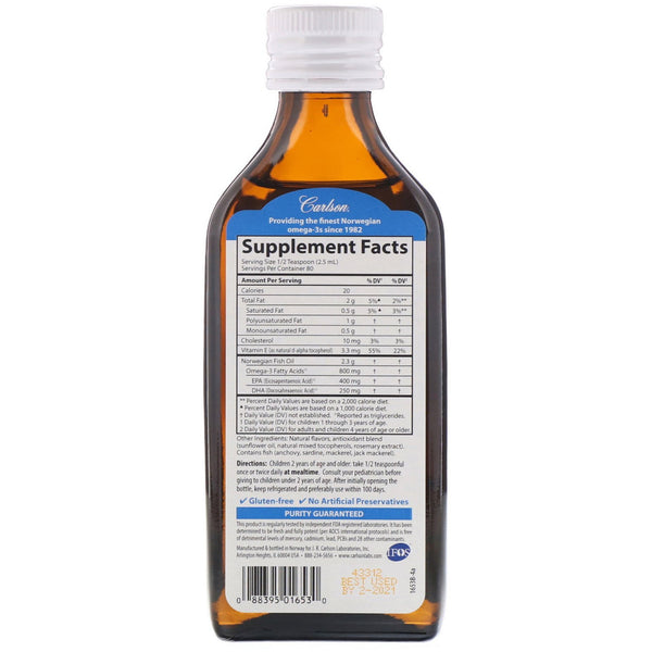 Carlson Labs, Kid's, Norwegian, The Very Finest Fish Oil, Natural Orange Flavor, 800 mg, 6.7 fl oz (200 ml) - The Supplement Shop