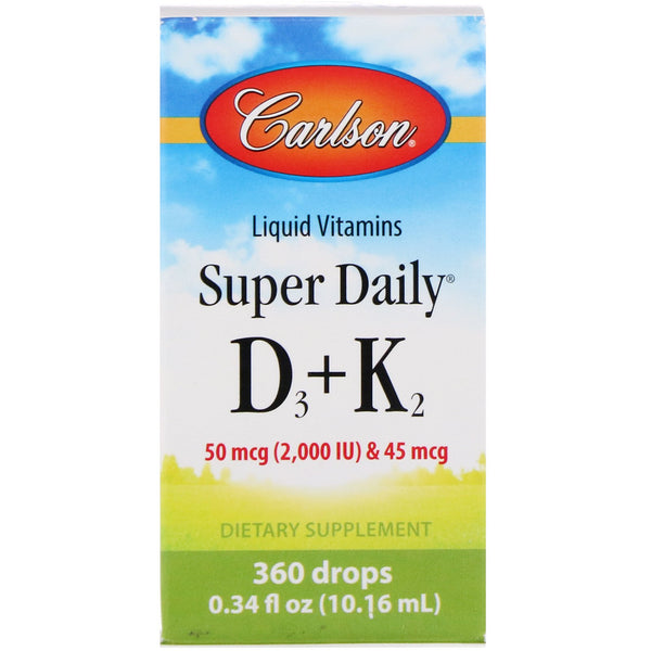 Carlson Labs, Liquid Vitamins, Super Daily D3+K2, 50 mcg (2,000 IU) & 45 mcg, 0.34 fl oz (10.16 ml) - The Supplement Shop