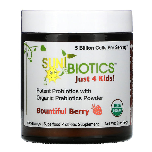 Sunbiotics, Just 4 Kids! Potent Probiotics with Organic Prebiotics Powder, Bountiful Berry, 5 Billion, 2 oz (57 g) - The Supplement Shop
