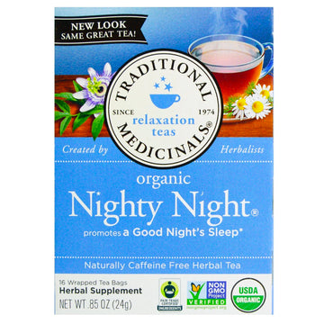 Traditional Medicinals, Relaxation Teas, Organic Nighty Night, Naturally Caffeine Free Herbal Tea, 16 Wrapped Tea Bags, .85 oz (24 g)