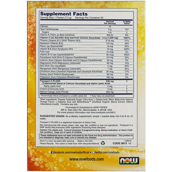 Now Foods, Effer-C, Effervescent Drink Mix, Orange, 30 Packets, 7.5 g Each - The Supplement Shop