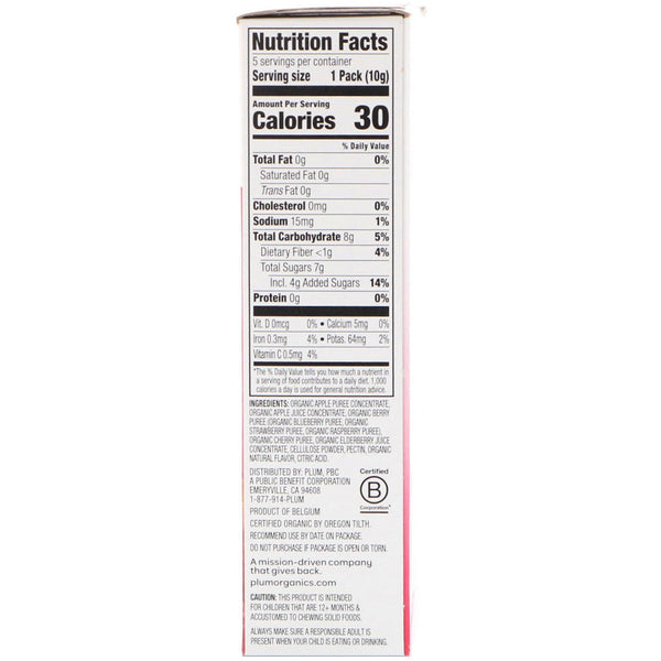 Plum Organics, Tots,Organic Teensy Soft Fruits Snacks, Berry, 12+ Months, 5 Packs, .35 oz (10 g) Each - The Supplement Shop