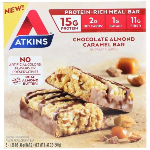 Atkins, Meal Bar, Chocolate Almond Caramel Bar, 5 Bars, 1.69 oz (48 g) Each - The Supplement Shop