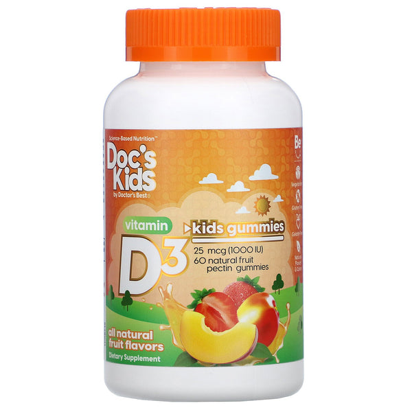 Doctor's Best, Doc's Kids, Vitamin D3 Gummies, All Natural Fruit Flavors, 25 mcg (1,000 IU), 60 Natural Fruit Pectin Gummies - The Supplement Shop
