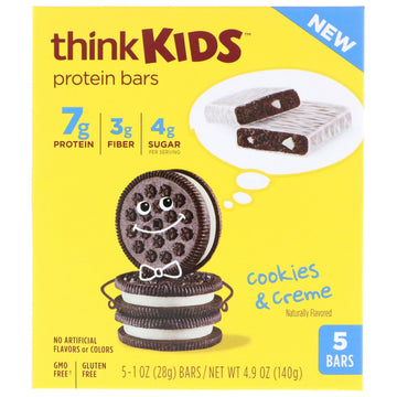 ThinkThin, ThinkKids, Protein Bars, Cookies & Creme, 5 Bars, 1 oz (28 g) Each