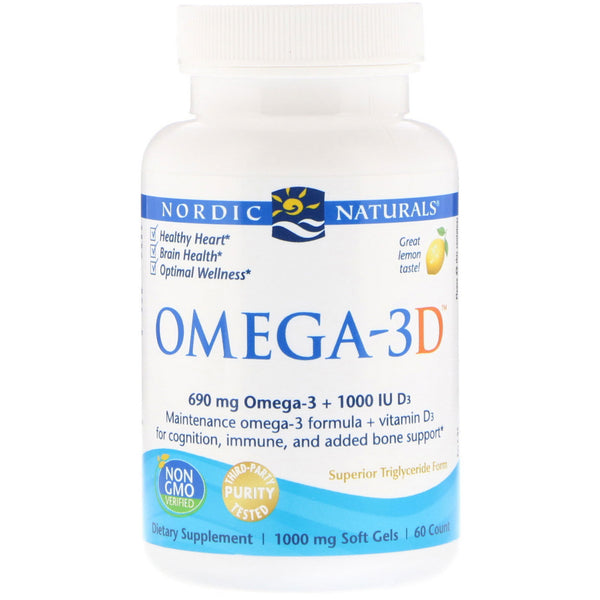 Nordic Naturals, Omega-3D, Lemon, 1000 mg, 60 Soft Gels - The Supplement Shop
