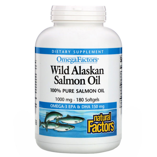 Natural Factors, Omega Factors, Wild Alaskan Salmon Oil, 1,000 mg, 180 Softgels - The Supplement Shop