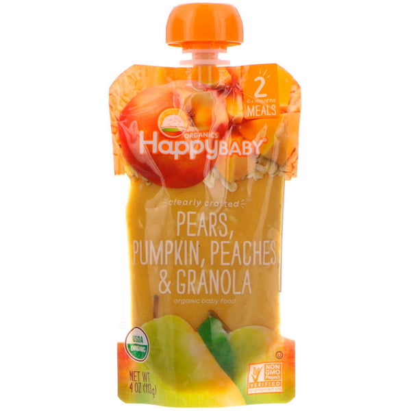 Happy Family Organics, Organic Baby Food, Stage 2, Clearly Crafted 6+ Months, Pears, Pumpkin, Peaches & Granola, 4 oz (113 g) - The Supplement Shop