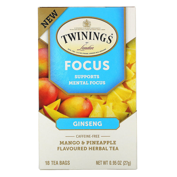 Twinings, Focus Herbal Tea, Ginseng, Mango & Pineapple, Caffeine Free, 18 Tea Bags, 0.95 oz (27 g) - The Supplement Shop