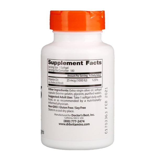 Doctor's Best, Vitamin D3, 25 mcg (1,000 IU), 180 Softgels - The Supplement Shop