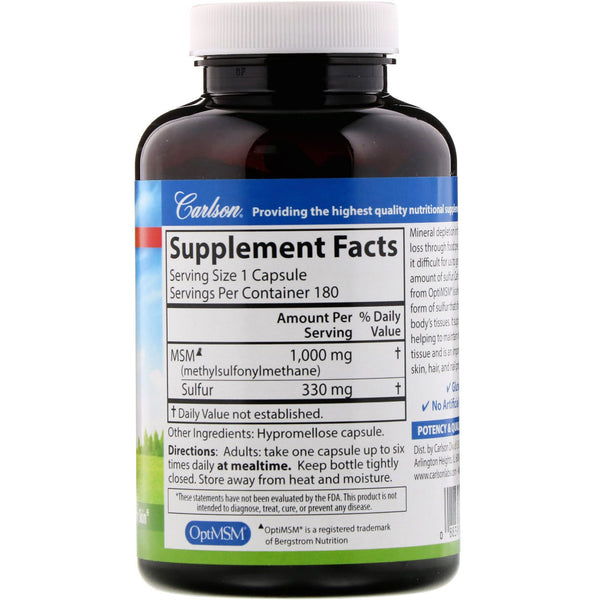 Carlson Labs, MSM Sulfur, 1,000 mg, 180 Vegetarian Capsules - The Supplement Shop