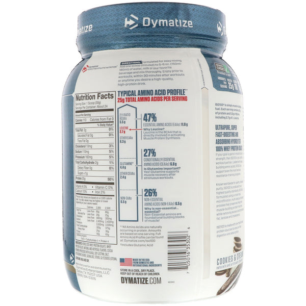 Dymatize Nutrition, ISO 100 Hydrolyzed, 100% Whey Protein Isolate, Cookies & Cream, 1.6 lbs (725 g) - The Supplement Shop
