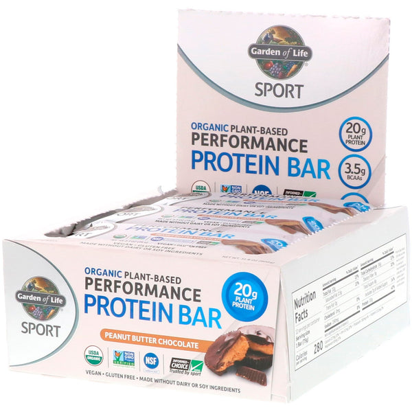 Garden of Life, Sport, Organic Plant-Based Performance Protein Bar, Peanut Butter Chocolate, 12 Bars, 2.7 oz (75 g) Each - The Supplement Shop