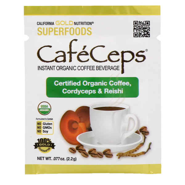 California Gold Nutrition, CafeCeps, Organic Instant Coffee with Cordyceps and Reishi Mushroom, 30 Packets, .077 oz (2.2 g) Each - The Supplement Shop