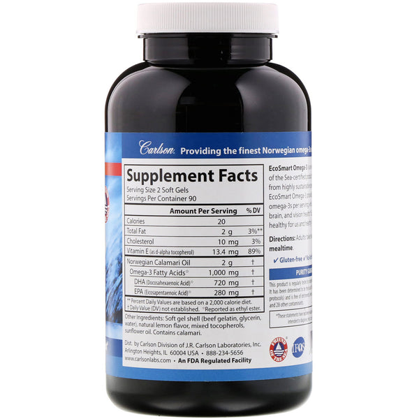 Carlson Labs, EcoSmart Omega-3, Natural Lemon Flavor, 1,000 mg, 180 Soft Gels - The Supplement Shop