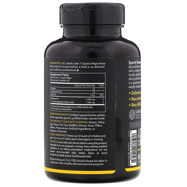 Sports Research, CLA 1250, Max Potency, 1,250 mg, 90 Softgels - The Supplement Shop