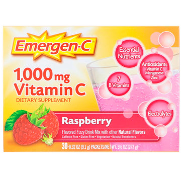 Emergen-C, Vitamin C, Flavoured Fizzy Drink Mix, Raspberry, 1,000 mg, 30 Packets, 0.32 oz (9.1 g) Each