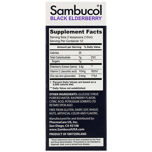 Sambucol, Black Elderberry Syrup, Advanced Immune, Vitamin C + Zinc, Natural Berry, 4 fl oz (120 ml) - The Supplement Shop