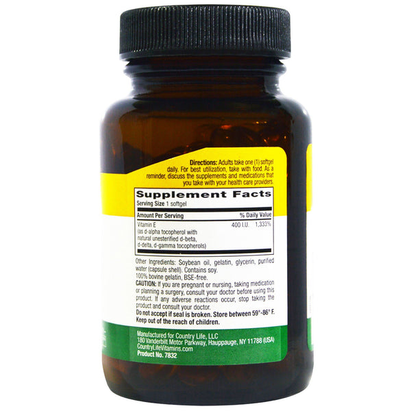 Country Life, Natural E-Complex, with Mixed Tocopherols, 400 IU, 90 Softgels - The Supplement Shop