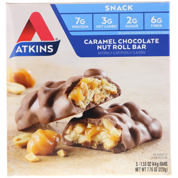 Atkins, Caramel Chocolate Nut Roll Bar, 5 Bars, 1.55 oz (44 g) Each - The Supplement Shop