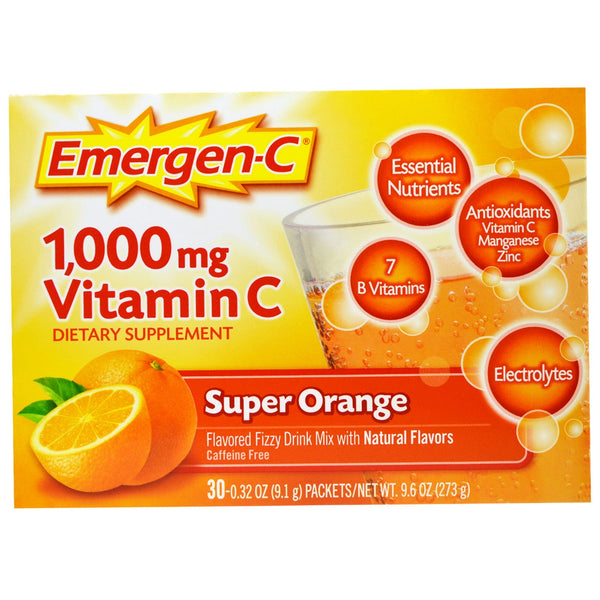 Emergen-C, 1,000 mg Vitamin C, Super Orange, 30 Packets, 0.32 oz (9.1 g) Each - The Supplement Shop