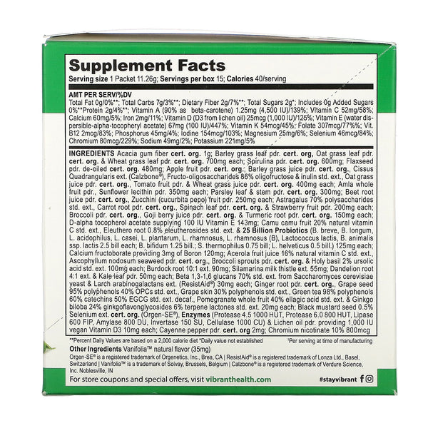 Vibrant Health, Green Vibrance +25 Billion Probiotics, Version 19.0, 15 Packets, 5.96 oz (168.9 g) - The Supplement Shop