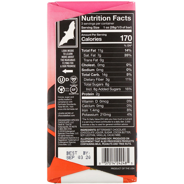 Endangered Species Chocolate, Cacao Nibs + Dark Chocolate, 72% Cocoa, 3 oz (85 g) - The Supplement Shop