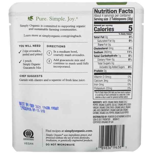 Simply Organic, Organic Guacamole Mix, 4 oz (113 g) - The Supplement Shop